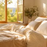 Frau schläft friedlich in warmem Morgenlicht – Schlaf und Gewicht im Zusammenhang.