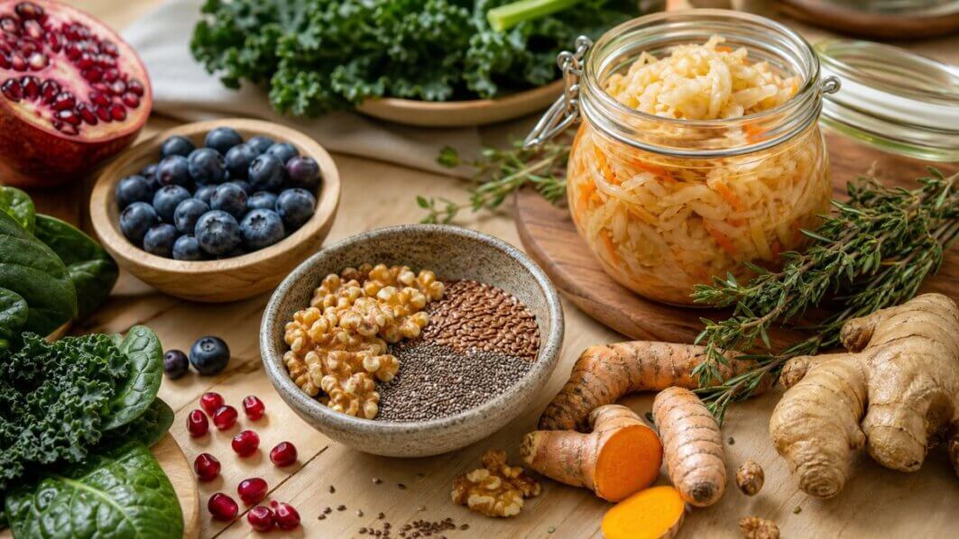 Stillleben mit entzündungshemmenden Lebensmitteln wie Walnüssen, Leinsamen, Kurkuma und fermentiertem Gemüse als Ernährungsunterstützung bei seborrhoischer Dermatitis.