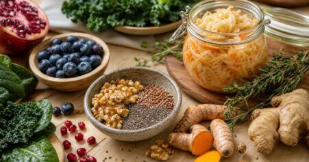 Stillleben mit entzündungshemmenden Lebensmitteln wie Walnüssen, Leinsamen, Kurkuma und fermentiertem Gemüse als Ernährungsunterstützung bei seborrhoischer Dermatitis.