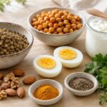 Frau bereitet in heller Küche eine proteinreiche Mahlzeit zu – Stoffwechsel anregen im Alltag.