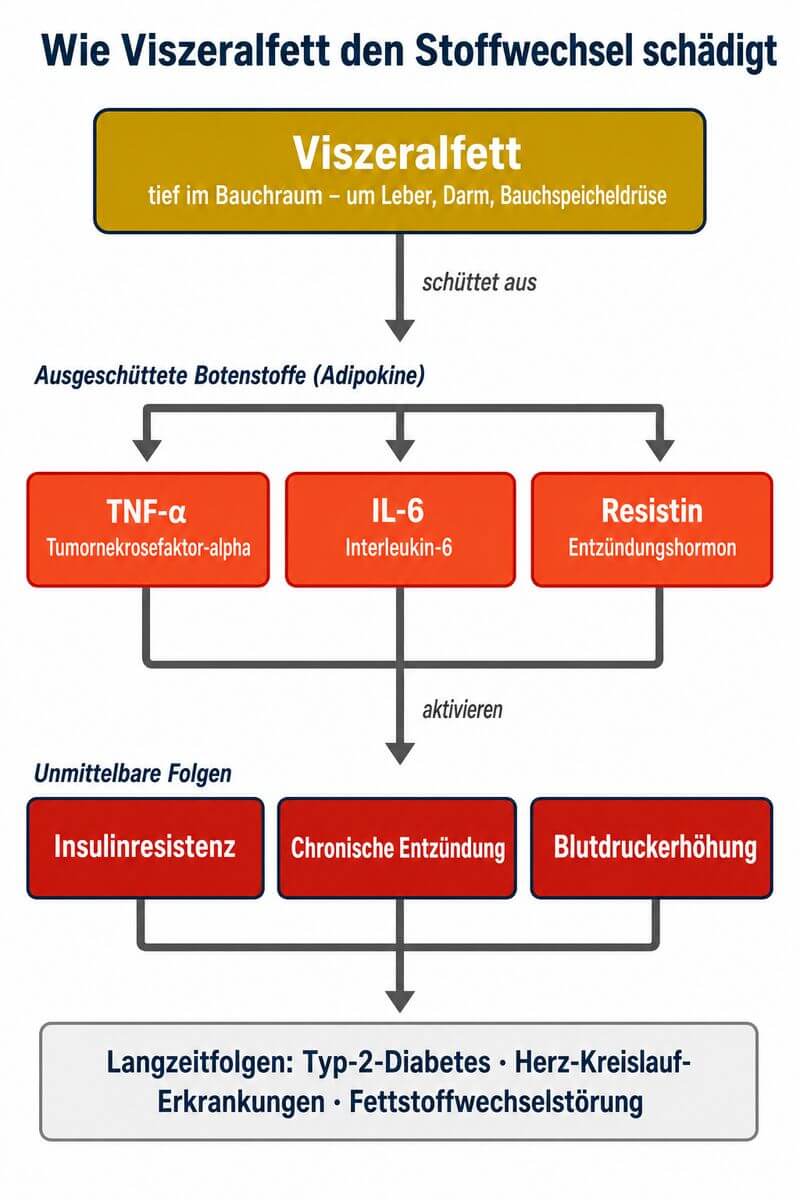 Infografik: Viszeralfett vs. subkutanes Fett – anatomische Lage und Stoffwechselwirkung im Vergleich.