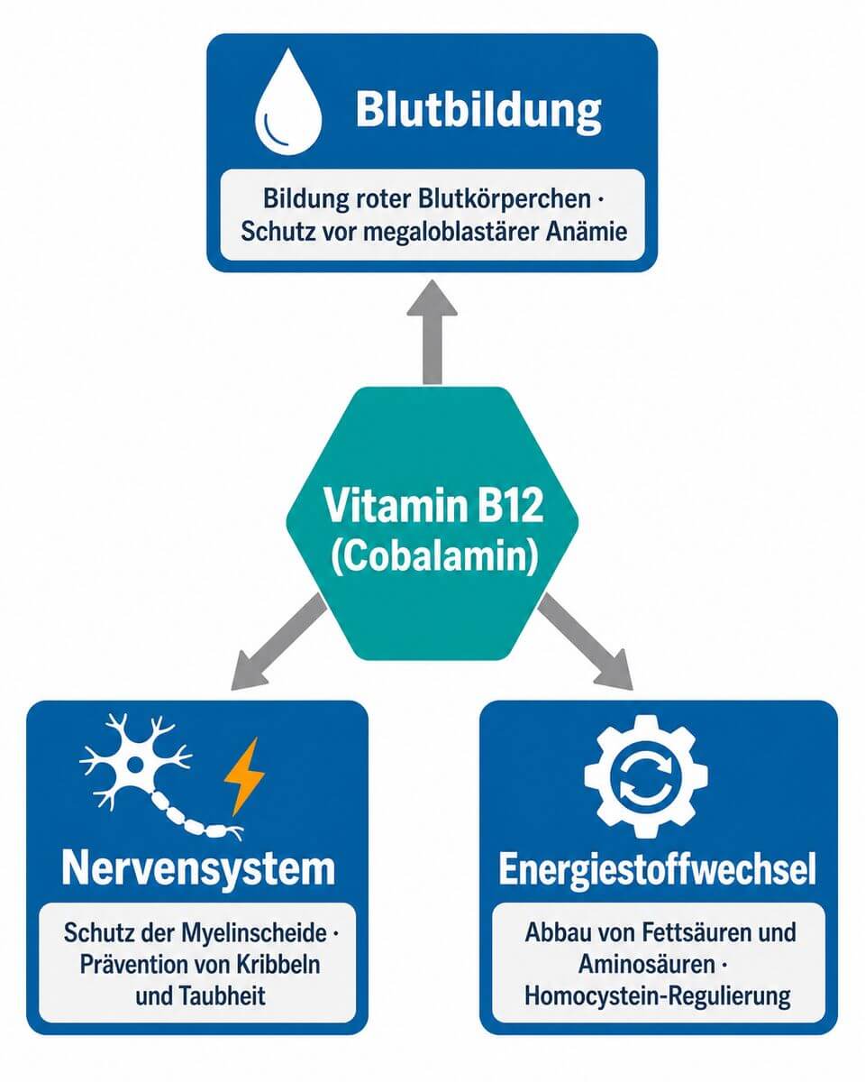 Infografik: Vitamin B12 Funktionen im Körper – Blutbildung, Nervensystem und Energiestoffwechsel im Überblick
