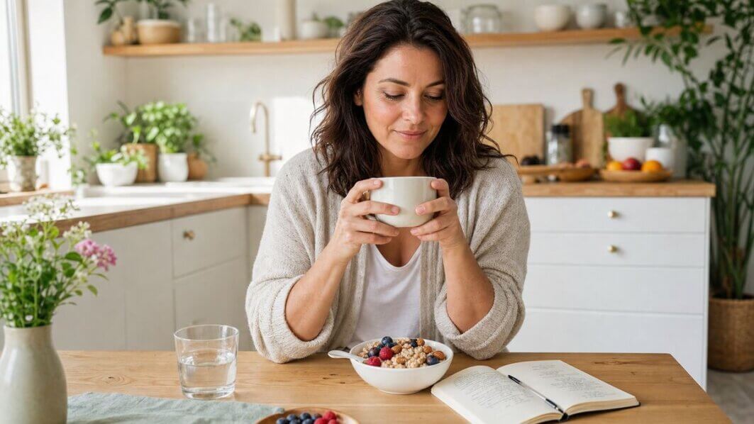 Stillleben mit Lebensmitteln, die Vitamin B12 liefern, darunter Eier, Hülsenfrüchte und Pilze auf einem Holztisch.