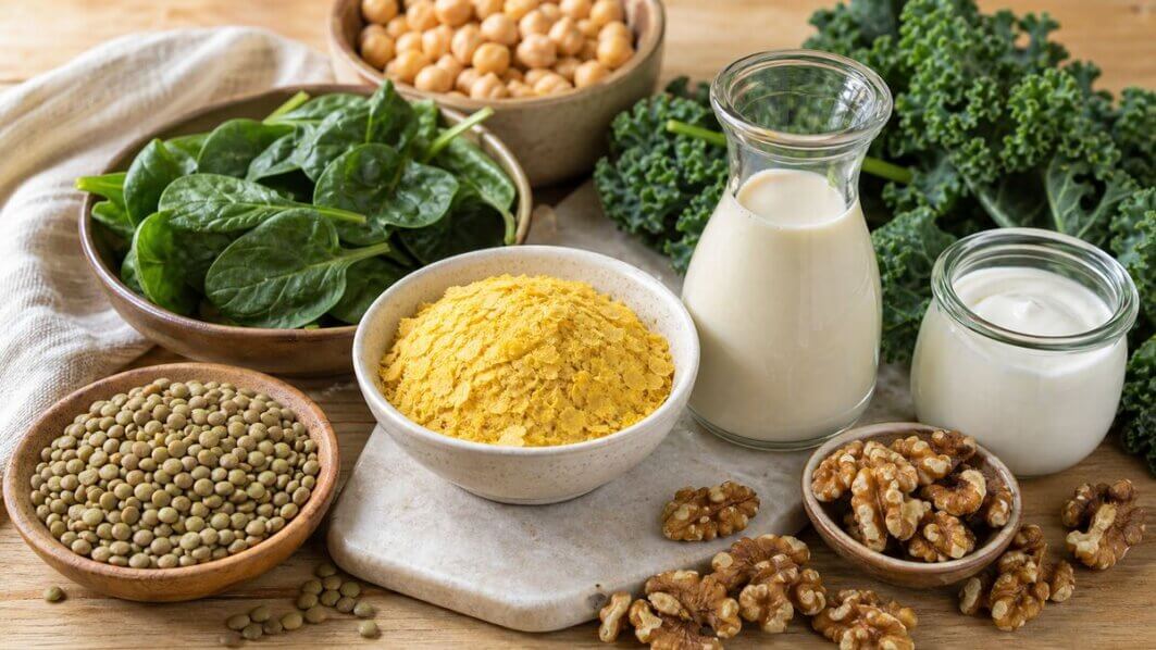 Vitamin B12 in der veganen Ernährung: Nährhefeflocken, Hülsenfrüchte und angereicherte Pflanzenmilch auf einem Holztisch, natürlich und appetitlich arrangiert.