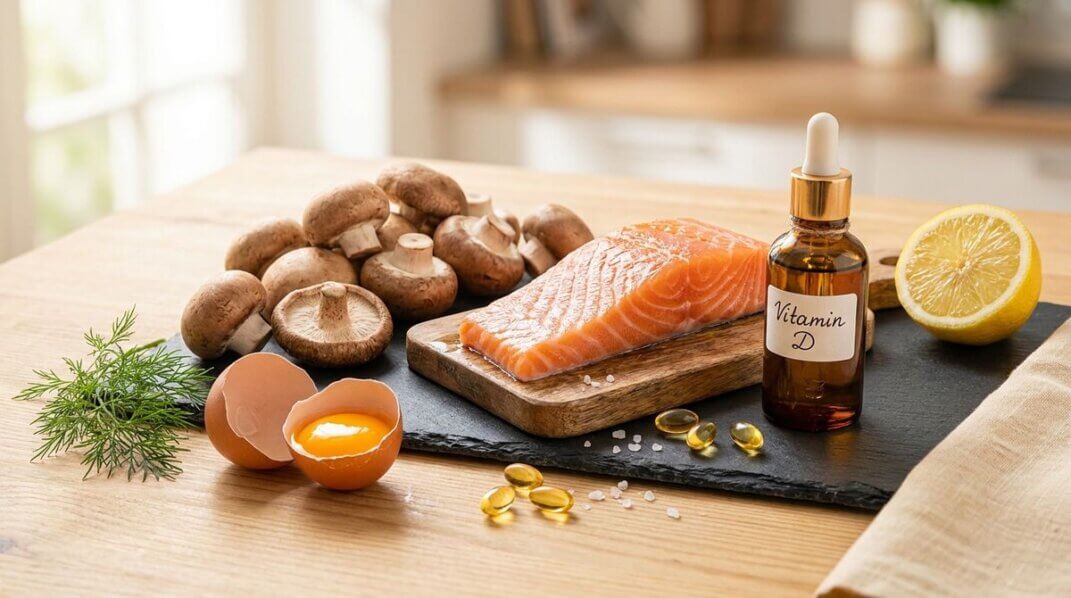 Lebensmittel mit Vitamin D: Lachs, Pilze und Eier auf Holzuntergrund