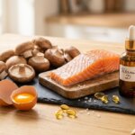 Lebensmittel mit Vitamin D: Lachs, Pilze und Eier auf Holzuntergrund