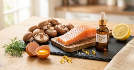 Lebensmittel mit Vitamin D: Lachs, Pilze und Eier auf Holzuntergrund