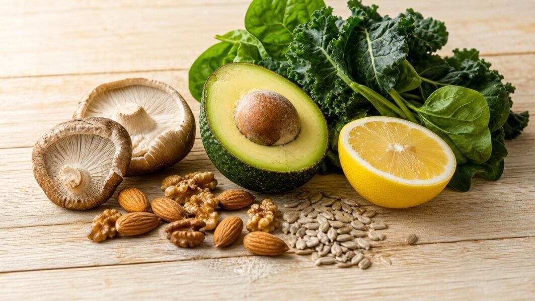 Stillleben mit natürlichen Vitamin-D-Quellen wie Pilzen, Nüssen und Blattgemüse auf hellem Holzuntergrund. Frische Lebensmittel als Unterstützung für den Vitamin-D-Spiegel.