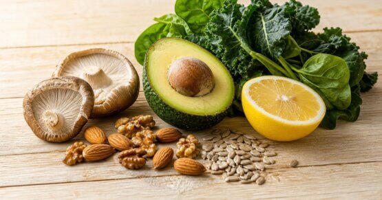Stillleben mit natürlichen Vitamin-D-Quellen wie Pilzen, Nüssen und Blattgemüse auf hellem Holzuntergrund. Frische Lebensmittel als Unterstützung für den Vitamin-D-Spiegel.