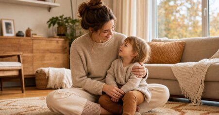 Junge Mutter hält ihr Kleinkind in einer gemütlich beleuchteten Wohnung im Arm – Vitamin D für Kinder im Winter richtig ergänzen.