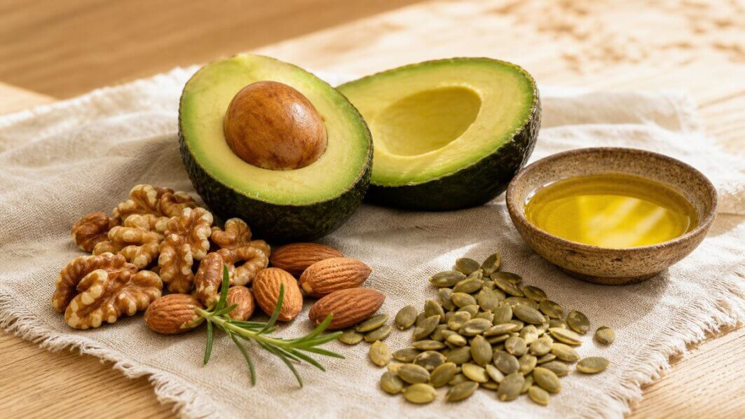 Stillleben mit aufgeschnittener Avocado, Walnüssen, Kürbiskernen und Olivenöl auf einem Holztisch im Morgenlicht – fettreiche Lebensmittel für eine optimale Vitamin-D-Aufnahme.