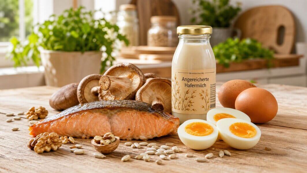 Natürliche Vitamin-D-Quellen wie Lachs, Eigelb und Pilze auf einem Holzbrett angerichtet – Stillleben für einen Artikel über Vitamin-D-Supplementierung und Überdosierung.