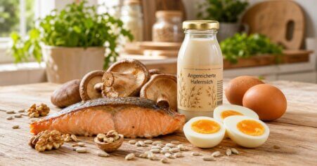 Natürliche Vitamin-D-Quellen wie Lachs, Eigelb und Pilze auf einem Holzbrett angerichtet – Stillleben für einen Artikel über Vitamin-D-Supplementierung und Überdosierung.