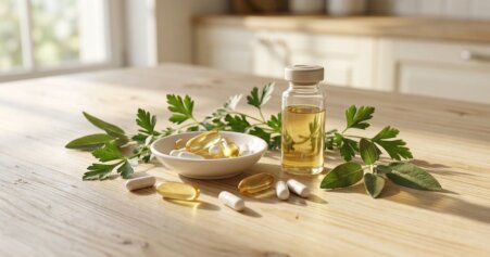 Vitamin D3 K2 Dosierung Erwachsene – Kapseln mit Kräutern auf Holztisch