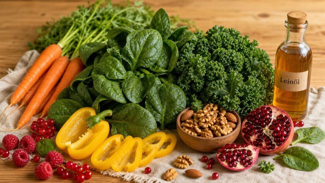Stillleben mit vitaminreichen Lebensmitteln wie Spinat, Pilzen, Hülsenfrüchten und Nüssen – natürliche Quellen zur Vorbeugung von Vitaminmangel.