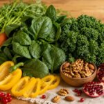 Stillleben mit vitaminreichen Lebensmitteln wie Spinat, Pilzen, Hülsenfrüchten und Nüssen – natürliche Quellen zur Vorbeugung von Vitaminmangel.