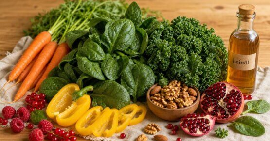 Stillleben mit vitaminreichen Lebensmitteln wie Spinat, Pilzen, Hülsenfrüchten und Nüssen – natürliche Quellen zur Vorbeugung von Vitaminmangel.
