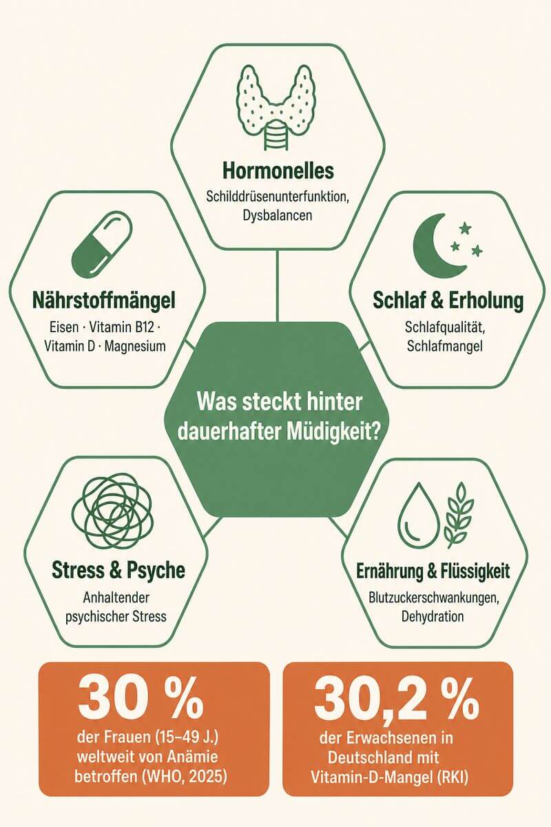 Infografik: Häufige Ursachen chronischer Müdigkeit – von Nährstoffmängeln bis Schlafqualität im Überblick.