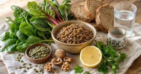 Stillleben mit Spinat, Linsen, Nüssen, Kürbiskernen und Vollkornbrot als natürliche Quellen von Eisen, Magnesium und B-Vitaminen gegen Müdigkeit.