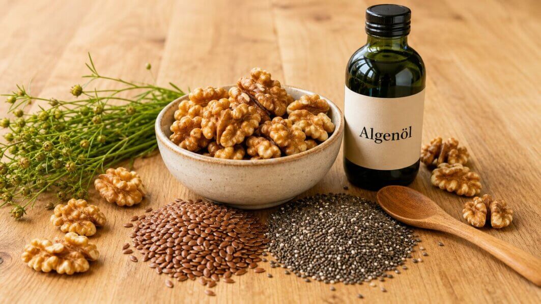 Stillleben mit Walnüssen, Leinsamen, Chiasamen und einem Fläschchen Algenöl als pflanzliche Omega-3-Quellen auf Holzuntergrund.