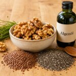 Stillleben mit Walnüssen, Leinsamen, Chiasamen und einem Fläschchen Algenöl als pflanzliche Omega-3-Quellen auf Holzuntergrund.