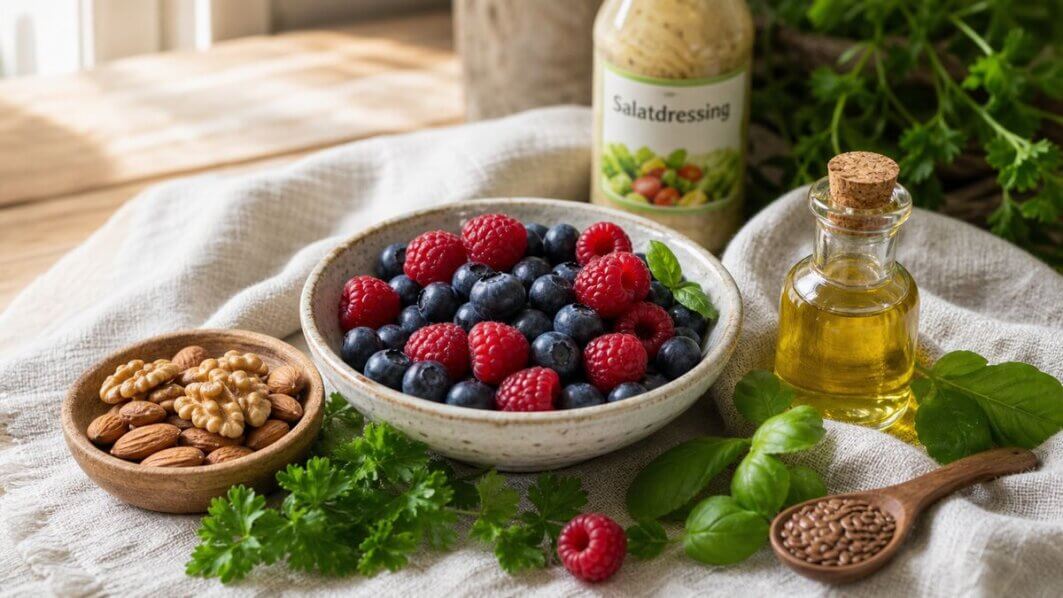 Stillleben mit entzündungshemmenden Lebensmitteln wie Beeren, Nüssen und Blattgemüse als Gegenspieler zu zuckerreichen Fertigprodukten.