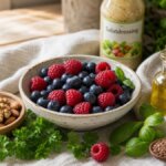 Stillleben mit entzündungshemmenden Lebensmitteln wie Beeren, Nüssen und Blattgemüse als Gegenspieler zu zuckerreichen Fertigprodukten.