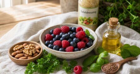 Stillleben mit entzündungshemmenden Lebensmitteln wie Beeren, Nüssen und Blattgemüse als Gegenspieler zu zuckerreichen Fertigprodukten.