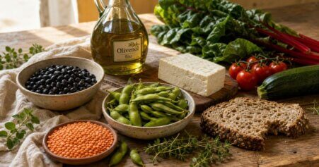 Stillleben mit Blue-Zones-Zutaten: Linsen, Bohnen, Kichererbsen, Gemüse und Olivenöl auf einem Holztisch. Blue Zones Rezepte für den Alltag.