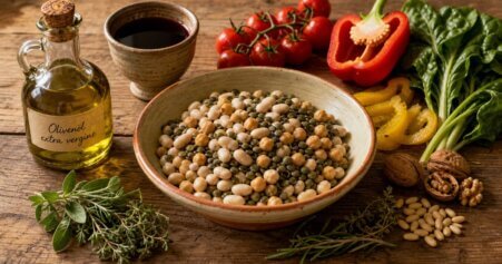 Stillleben mit Hülsenfrüchten, frischem Gemüse und Kräutern als typische Lebensmittel der Blue Zones. Natürliche Zutaten auf rustikalem Holztisch, warm und mediterran beleuchtet.