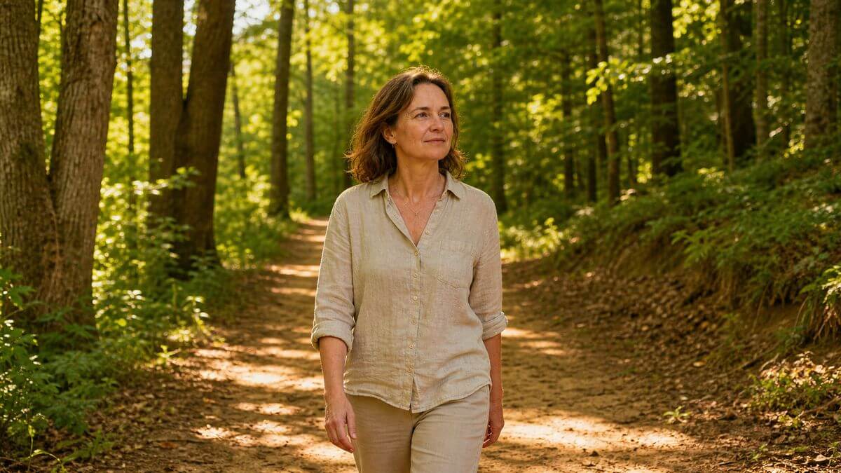 Eine vitale Frau Mitte 40 beim Spaziergang im Morgenlicht – symbolisch für gesundes Altern durch Lebensstil und die Hallmarks of Aging.