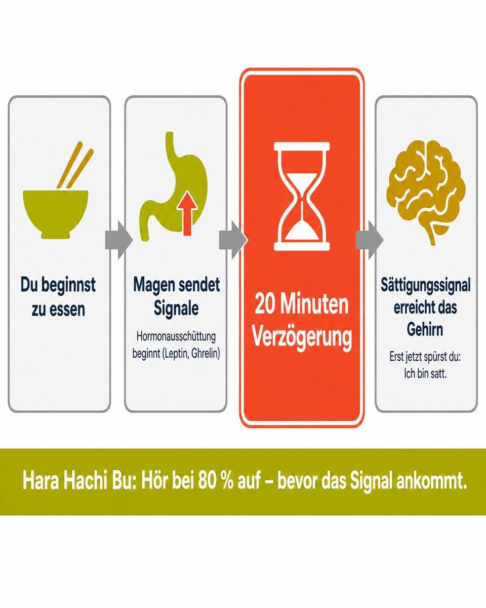 Infografik: Hara Hachi Bu – Der 20-Minuten-Verzögerungseffekt zwischen Essen und Sättigungssignal im Überblick.