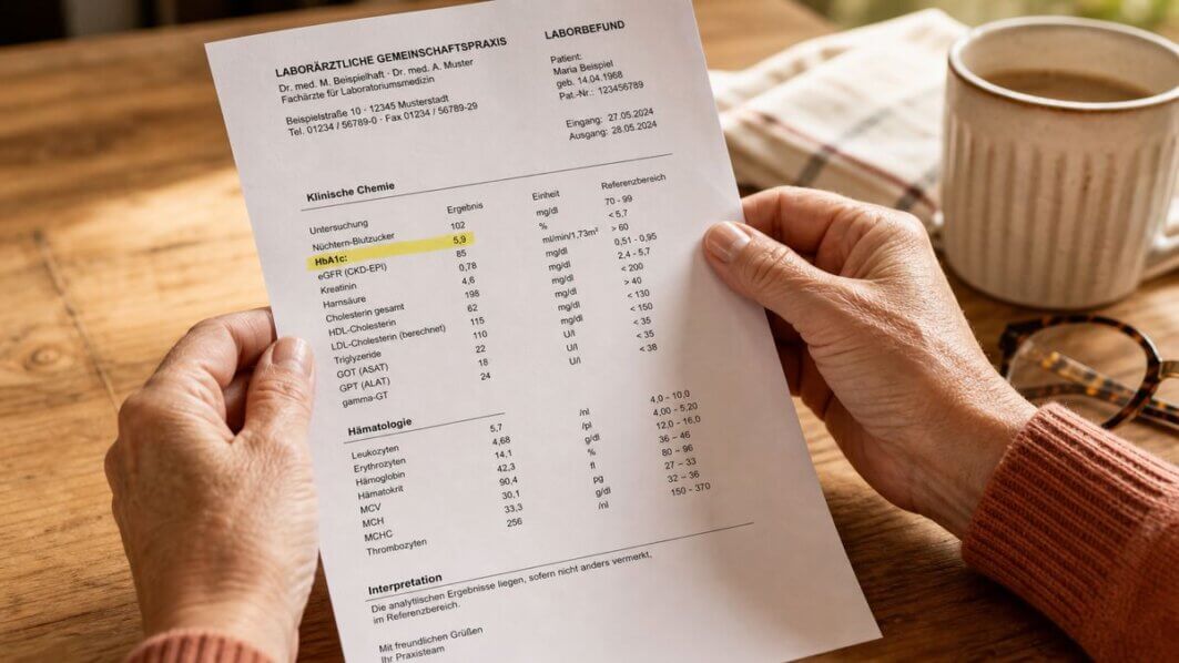 Hände halten einen Laborbefund mit HbA1c-Wert. Der HbA1c gilt als wichtiger Biomarker für biologisches Altern und Stoffwechselgesundheit.