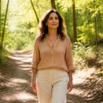 Vitale Frau Mitte 50 bei einem entspannten Spaziergang im Park — Symbol für einen langen Healthspan und aktives Altern.
