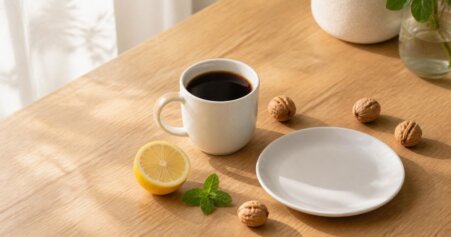 Minimalistische Morgenszene mit Keramiktasse und analoger Uhr auf Holztisch – symbolisch für Intervallfasten und Longevity.