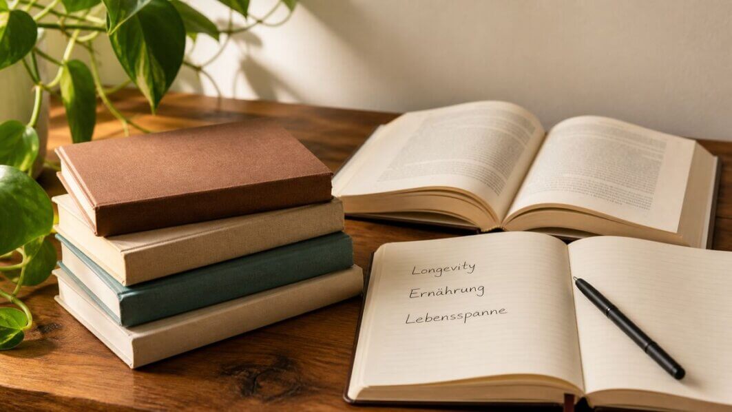 Ein Stapel Longevity-Bücher auf einem warmen Holztisch mit weichem Tageslicht. Leseempfehlung für gesundes Altern.