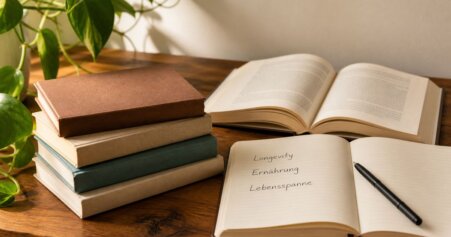 Ein Stapel Longevity-Bücher auf einem warmen Holztisch mit weichem Tageslicht. Leseempfehlung für gesundes Altern.