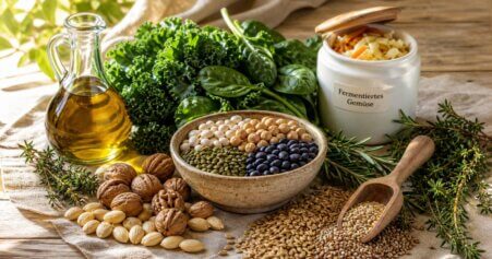 Stillleben mit Longevity-Lebensmitteln: Hülsenfrüchte, Nüsse, Olivenöl und Gemüse auf einem Holztisch, natürlich arrangiert.