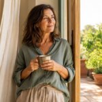 Eine Frau Mitte vierzig schaut entspannt in die Natur – Symbol für Longevity und ein aktives, gesundes Leben bis ins hohe Alter.