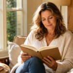 Eine Frau Mitte 40 liest konzentriert ein Buch an einem hellen Tisch – Symbol für mentale Fitness und kognitives Training.