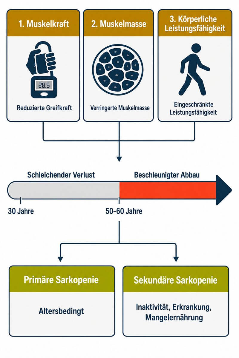 Infografik: Sarkopenie Definition nach EWGSOP2 – Muskelkraft, Muskelmasse und körperliche Leistungsfähigkeit als drei Diagnosekriterien, ergänzt durch Zeitachse des Muskelabbaus ab dem 30. Lebensjahr.