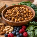 Stillleben mit Hülsenfrüchten, buntem Gemüse und Beeren zur Visualisierung blutzuckerfreundlicher Ernährung. Artikel erklärt, welcher HbA1c-Wert gefährlich ist und wie Ernährung den Wert beeinflusst.