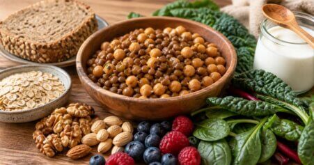 Stillleben mit Hülsenfrüchten, buntem Gemüse und Beeren zur Visualisierung blutzuckerfreundlicher Ernährung. Artikel erklärt, welcher HbA1c-Wert gefährlich ist und wie Ernährung den Wert beeinflusst.