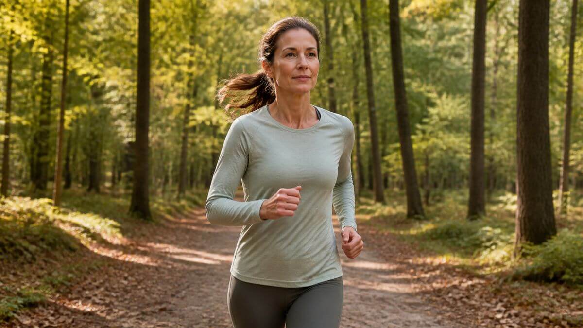Eine Frau mittleren Alters geht zügig in der Natur – Zone-2-Training im Alltag.