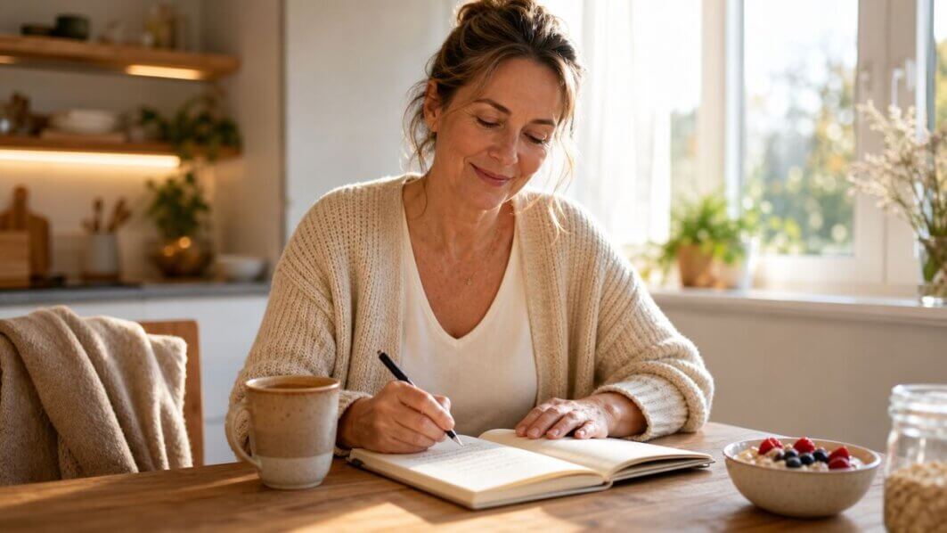 Eine Frau Mitte 40 schreibt morgens in ein Notizbuch – Symbol für bewusstes Gewohnheiten ändern mit Methode.