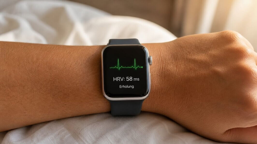 Nahaufnahme eines Handgelenks mit Smartwatch, die einen HRV-Wert in Millisekunden anzeigt – Herzratenvariabilität messen im Morgenritual.