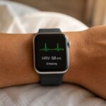 Nahaufnahme eines Handgelenks mit Smartwatch, die einen HRV-Wert in Millisekunden anzeigt – Herzratenvariabilität messen im Morgenritual.