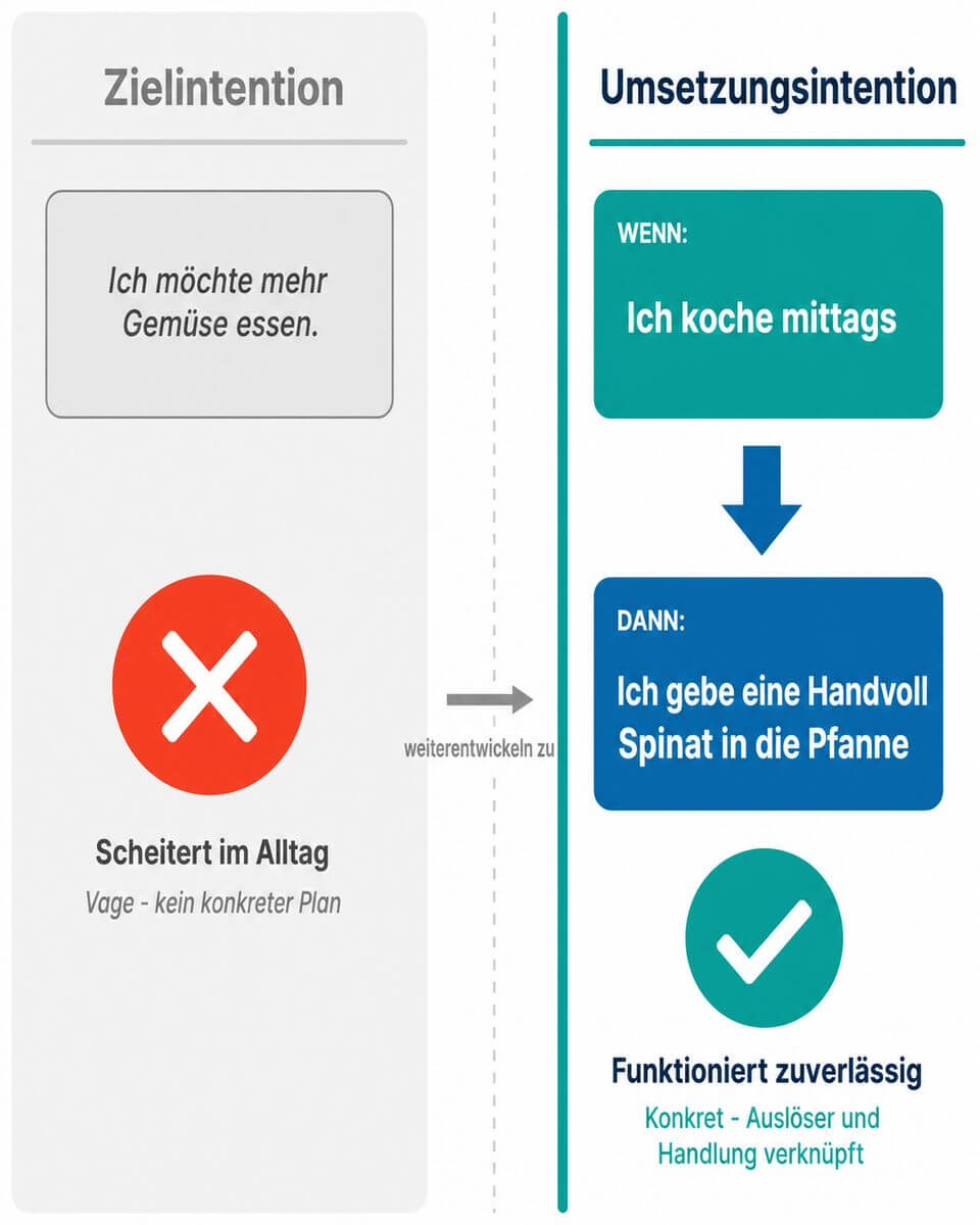 Infografik: Vergleich Zielintention vs. Implementation Intention – Wenn-Dann-Plan schließt die Intentions-Verhaltens-Lücke und führt zuverlässig zur Handlung.
