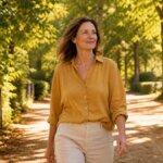 Eine Frau Mitte vierzig geht ruhig auf einem Naturweg spazieren und verkörpert das Minimalprinzip Gesundheit durch bewusste, alltägliche Bewegung.