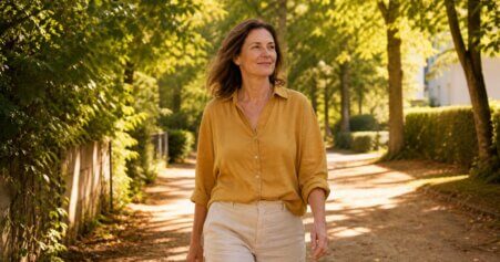 Eine Frau Mitte vierzig geht ruhig auf einem Naturweg spazieren und verkörpert das Minimalprinzip Gesundheit durch bewusste, alltägliche Bewegung.